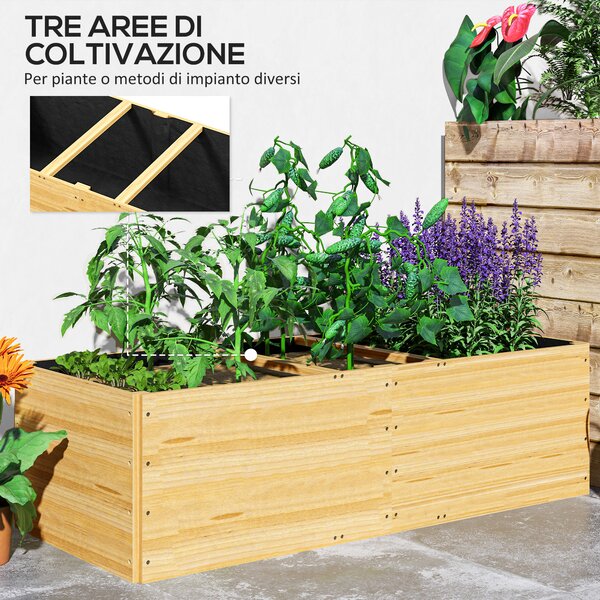 Outsunny Fioriera da Esterno in Legno di Abete Divisa in 3 Aree con Strato in Tessuto non Tessuto, 140x60x40 cm