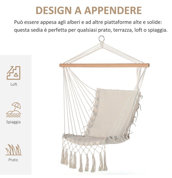 Outsunny Sedia Sospesa a Dondolo da Interno ed Esterno in Tessuto con Nappe, 90x50 cm, Crema