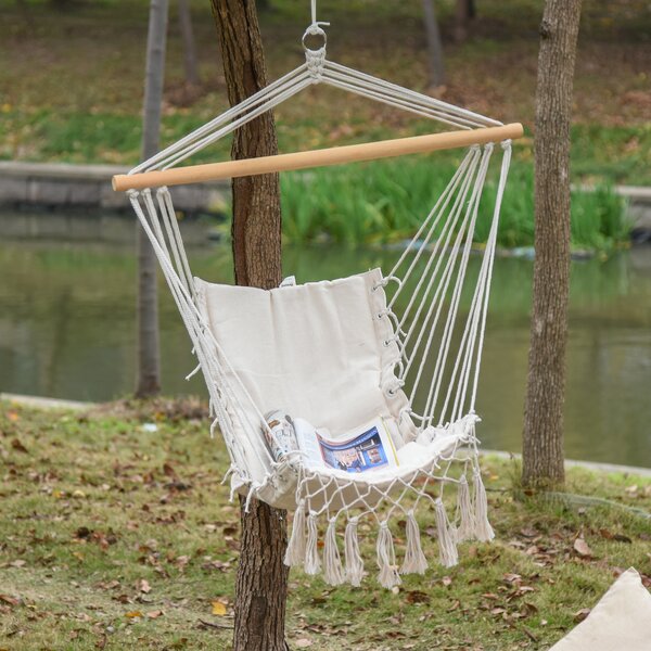 Outsunny Sedia Sospesa a Dondolo da Interno ed Esterno in Tessuto con Nappe, 90x50 cm, Crema