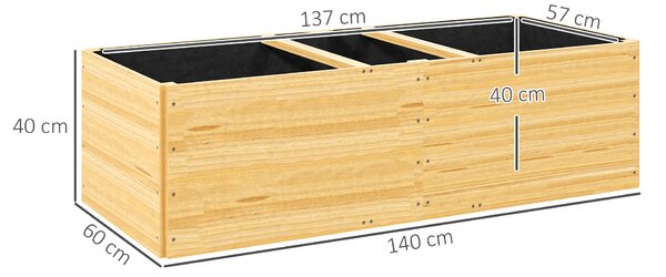 Outsunny Fioriera da Esterno in Legno di Abete Divisa in 3 Aree con Strato in Tessuto non Tessuto, 140x60x40 cm
