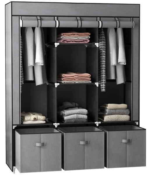 HOMCOM Armadio in Tessuto Pieghevole con Cassetti e Ante Avvolgibili con Zip, 125x43x162.5cm, Grigio Scuro|Aosom