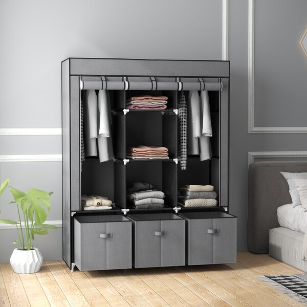 HOMCOM Armadio in Tessuto Pieghevole con Cassetti e Ante Avvolgibili con Zip, 125x43x162.5cm, Grigio Scuro|Aosom