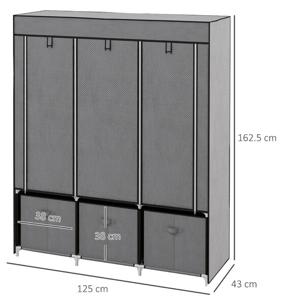 HOMCOM Armadio in Tessuto Pieghevole con Cassetti e Ante Avvolgibili con Zip, 125x43x162.5cm, Grigio Scuro|Aosom