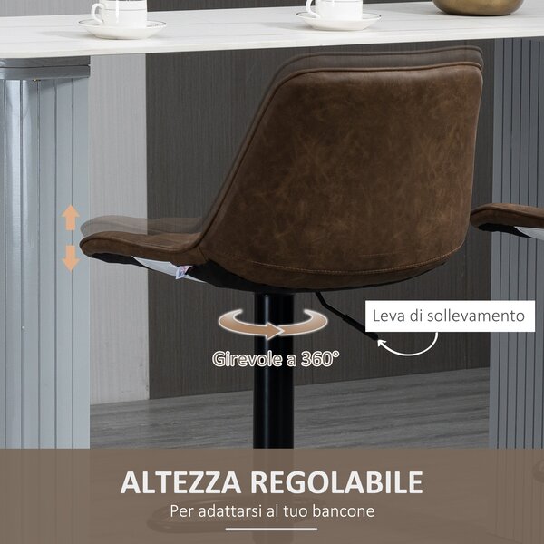 HOMCOM Set 2 Sgabelli da Bar con Altezza Regolabile e Girevoli, Rivestimento in Finta Pelle, Marrone Scuro