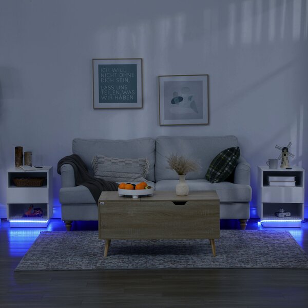 HOMCOM Comodini Moderni con LED, Set 2 Pezzi in Truciolato Bianco con Cassetto e 2 Ripiani Aperti, 40x40x55 cm|Aosom