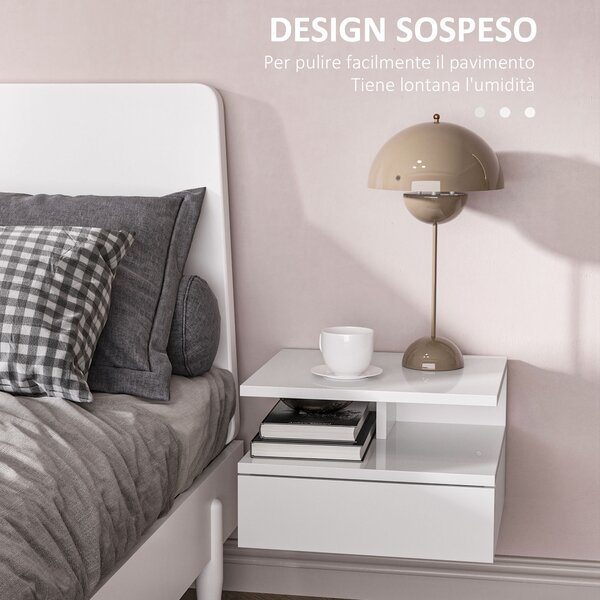 HOMCOM Set da 2 Comodini Moderni Sospesi con Cassetto e Mensola in Legno 35x32x22.5cm, Bianco Lucido|Aosom