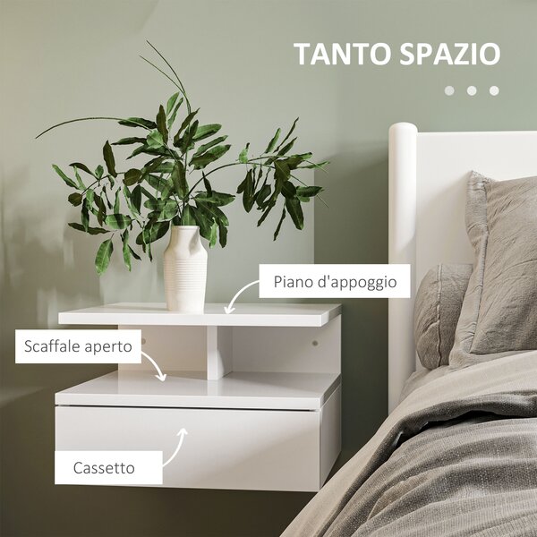 HOMCOM Set da 2 Comodini Moderni Sospesi con Cassetto e Mensola in Legno 35x32x22.5cm, Bianco Lucido|Aosom