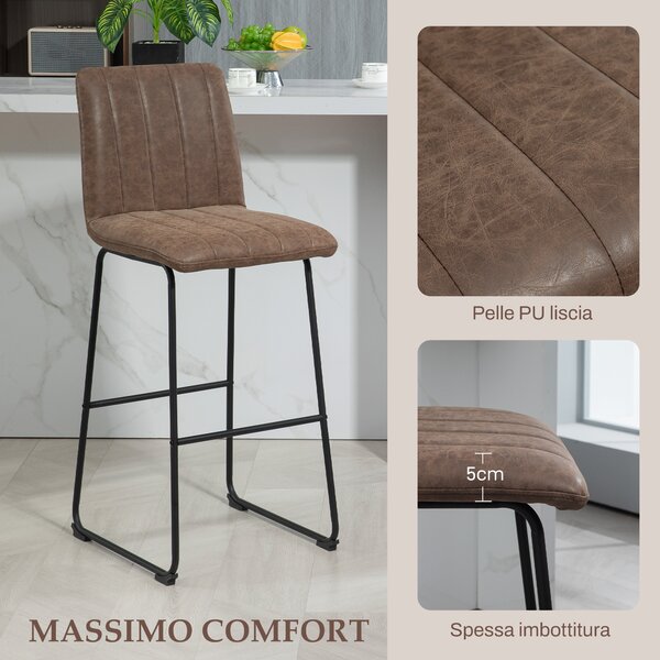 HOMCOM Set 2 Sgabelli da Bar Moderni con Poggiapiedi e Schienale, in Pelle PU e Acciaio, 44x50x109 cm, Marrone Scuro