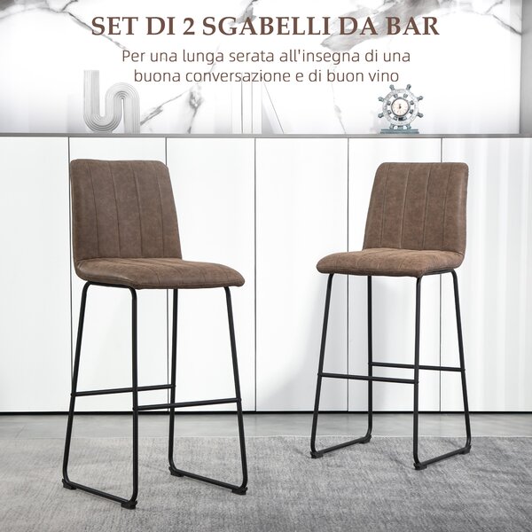 HOMCOM Set 2 Sgabelli da Bar Moderni con Poggiapiedi e Schienale, in Pelle PU e Acciaio, 44x50x109 cm, Marrone Scuro