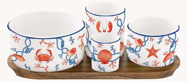 Set ciotole da portata in porcellana con vassoio in legno di acacia Cote De Mer 5 pz