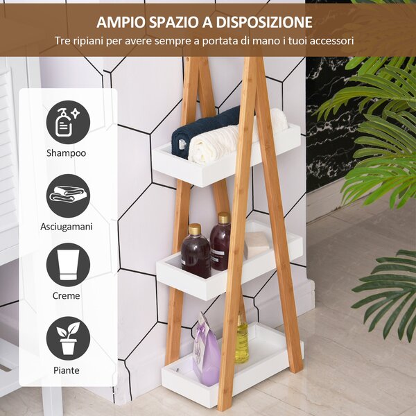 Kleankin Scaffale Bagno 3 Ripiani in MDF e Bambù naturale, Struttura piramidale, 30x18x81cm, Colore Legno e Grigio|Aosom Italy
