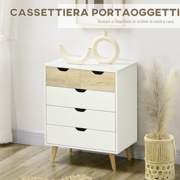 HOMCOM Cassettiera Bianca 5 Cassetti con Maniglie Intagliate in Legno, Cassettiera per Camera da Letto, 60x40x77.5cm, Bianco e Legno | Aosom Italy