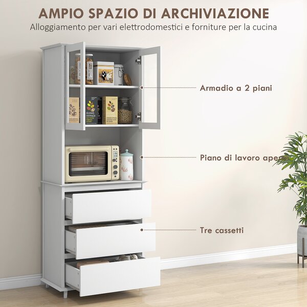 HOMCOM Dispensa Cucina Alta con Armadietto a 2 Livelli e 3 Cassetti, in MDF, 68x38x172 cm, Bianco|Aosom