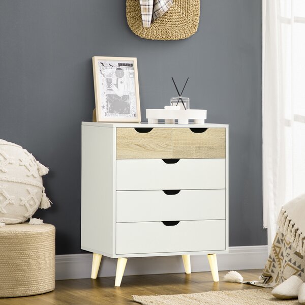 HOMCOM Cassettiera Bianca 5 Cassetti con Maniglie Intagliate in Legno, Cassettiera per Camera da Letto, 60x40x77.5cm, Bianco e Legno | Aosom Italy