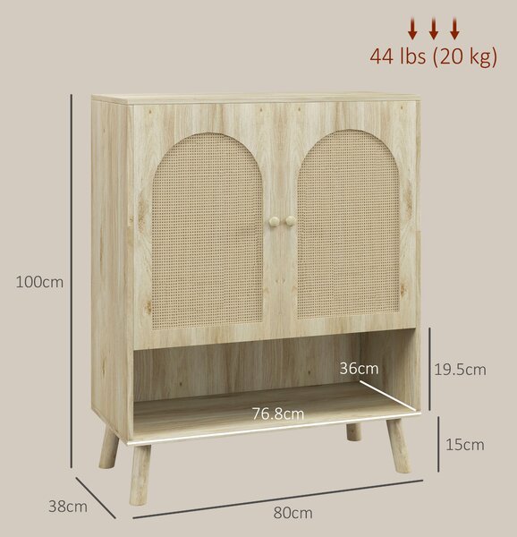 HOMCOM Mobile Multiuso in Stile Boho con Ante in Rattan e Ripiano Aperto, 80x38x100cm, Rovere|Aosom