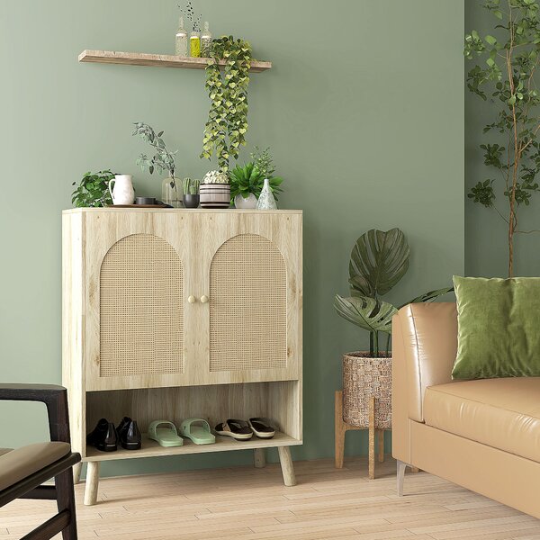 HOMCOM Mobile Multiuso in Stile Boho con Ante in Rattan e Ripiano Aperto, 80x38x100cm, Rovere|Aosom