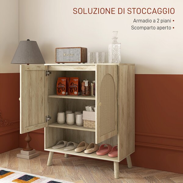 HOMCOM Mobile Multiuso in Stile Boho con Ante in Rattan e Ripiano Aperto, 80x38x100cm, Rovere|Aosom