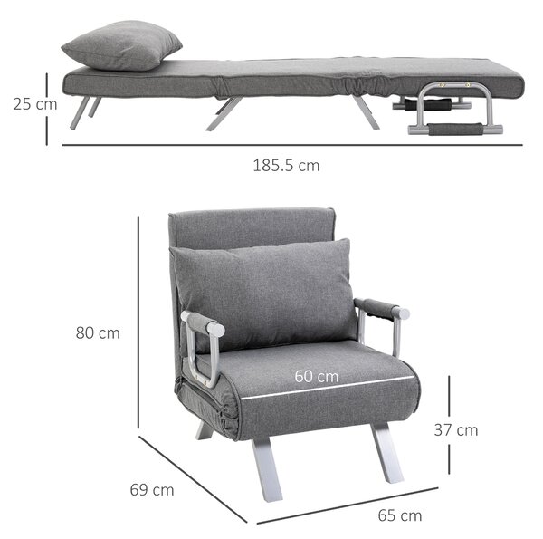 HOMCOM Poltrona Letto con Schienale Regolabile su 5 Livelli e Cuscino imbottitura, in Tessuto e in metallo, 65x69x80cm, Grigio Chiaro | Aosom Italy