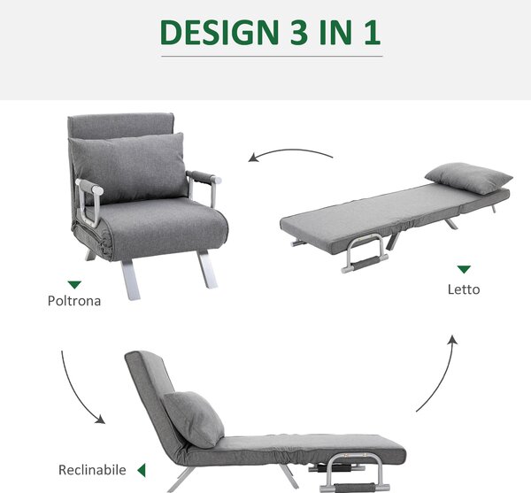HOMCOM Poltrona Letto con Schienale Regolabile su 5 Livelli e Cuscino imbottitura, in Tessuto e in metallo, 65x69x80cm, Grigio Chiaro | Aosom Italy
