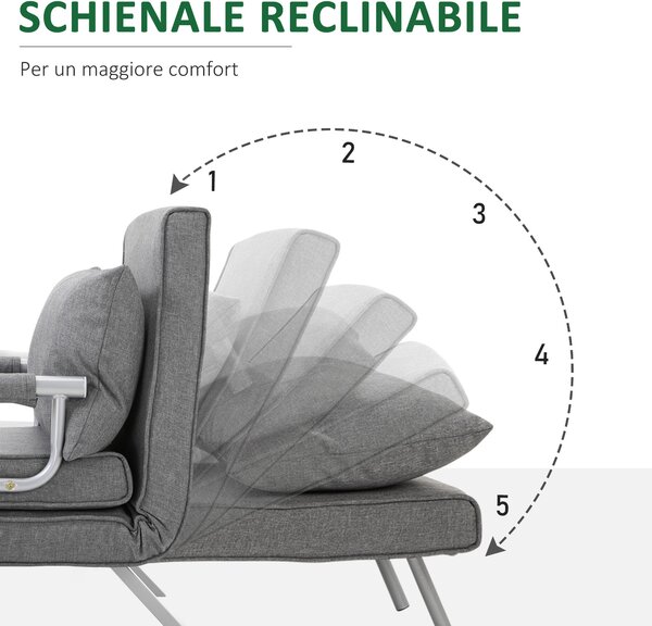 HOMCOM Poltrona Letto con Schienale Regolabile su 5 Livelli e Cuscino imbottitura, in Tessuto e in metallo, 65x69x80cm, Grigio Chiaro | Aosom Italy