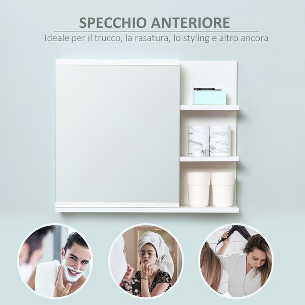 Kleankin Mobiletto Bagno Moderno con Specchio e 3 Ripiani Laterali in Legno, a Parete con Anta e 4 viti a espansione, 60x18x50cm, Bianco |Aosom italy