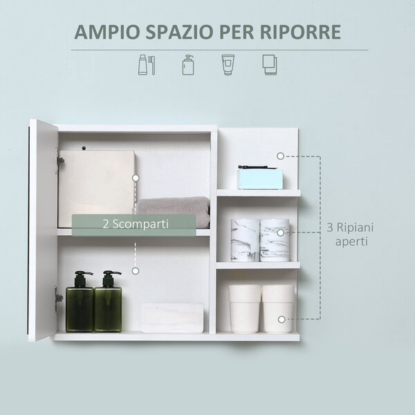 Kleankin Mobiletto Bagno Moderno con Specchio e 3 Ripiani Laterali in Legno, a Parete con Anta e 4 viti a espansione, 60x18x50cm, Bianco |Aosom italy