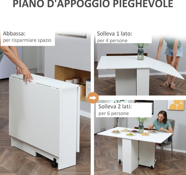 HomCom Tavolo Pieghevole Richiudibile Design Moderno Salvaspazio Scrivania Mensola in Legno Bianco con Ruote|Aosom