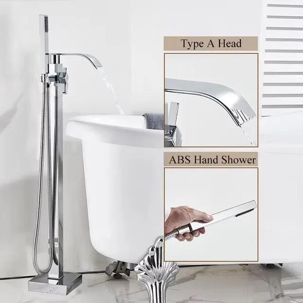 Miscelatore per vasca da bagno freestanding, con erogatore a cascata, doccetta manuale, finitura cromata