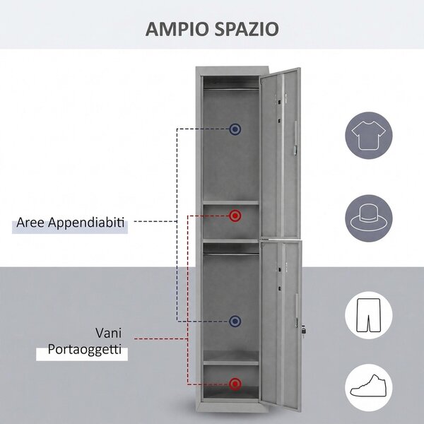 Vinsetto Armadietto Guardaroba in Acciaio 4 Ripiani 2 Porte con Chiusura di Sicurezza, Grigio, 38x46x180cm|Aosom