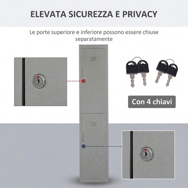 Vinsetto Armadietto Guardaroba in Acciaio 4 Ripiani 2 Porte con Chiusura di Sicurezza, Grigio, 38x46x180cm|Aosom