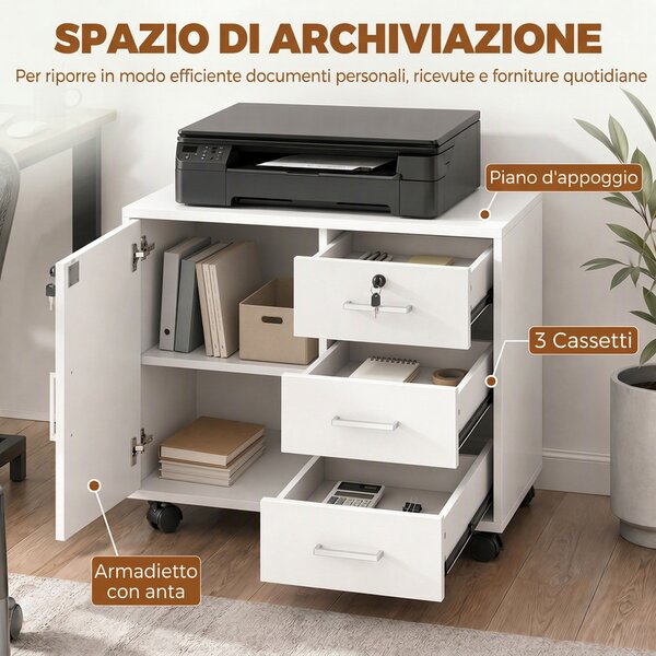 HOMCOM Schedario per Ufficio con 3 Cassetti e Armadietto con 3 Ripiani Regolabili, in Legno, 60x40x56 cm, Bianco