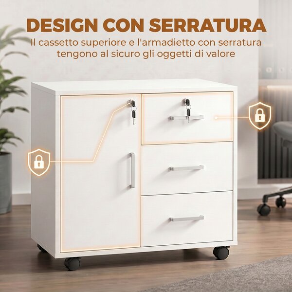HOMCOM Schedario per Ufficio con 3 Cassetti e Armadietto con 3 Ripiani Regolabili, in Legno, 60x40x56 cm, Bianco