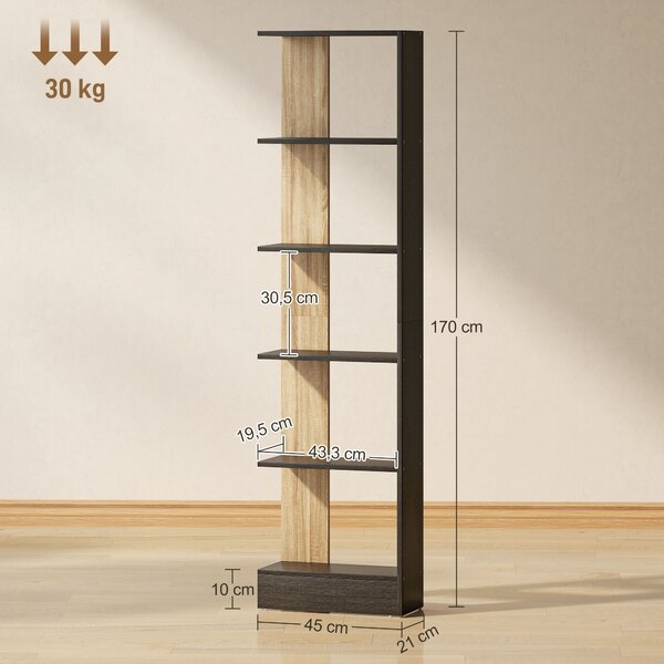 HOMCOM Libreria Moderna Salvaspazio a 5 Ripiani in Legno 45x21x170 cm, Nero, Rovere | Aosom Italy