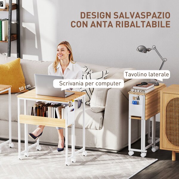 HOMCOM Scrivania Pieghevole Salvaspazio a Ribalta con Scaffale, Tasca Portaoggetti e Ruote, Legno Naturale | Aosom Italy