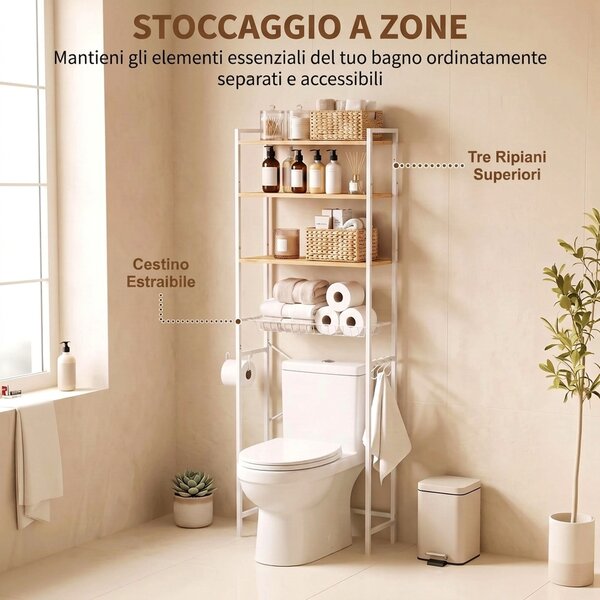 HOMCOM Mobile Sopra WC, Scaffale Salvaspazio 3 Ripiani, Rovere e Bianco | Aosom Italy
