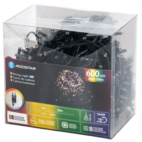Aigostar - LED RGBY Catena di Natale per esterni 600xLED/6W/230V/8 funzioni 30m IP44