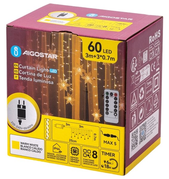 Aigostar - Catena luminosa natalizia LED per esterni 120 LED/6W/230V/8 funzioni 3x0,7m IP44 bianco caldo + telecomando