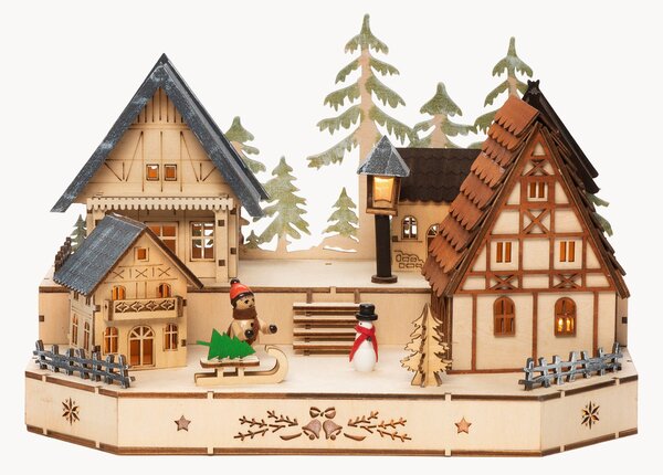 Decorazione natalizia a LED in legno di lime Village with Snowman