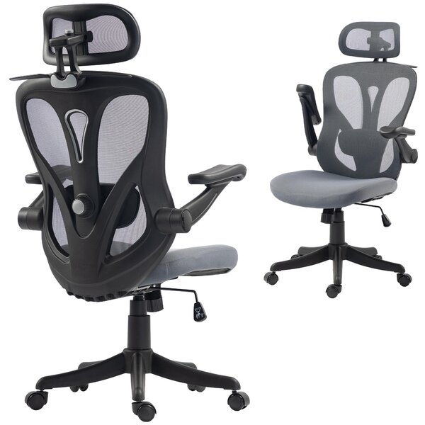 HOMCOM Sedia Ufficio Ergonomica, Braccioli Ribaltabili 3D, Poggiatesta 2D, Appendiabiti, in Rete, Grigio Scuro
