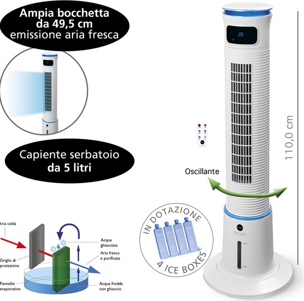 MACOM Ventilatore Raffrescatore d'Aria Evaporativo Oscillante 3 Velocit colore Bianco Breeze Tower Plus - 985