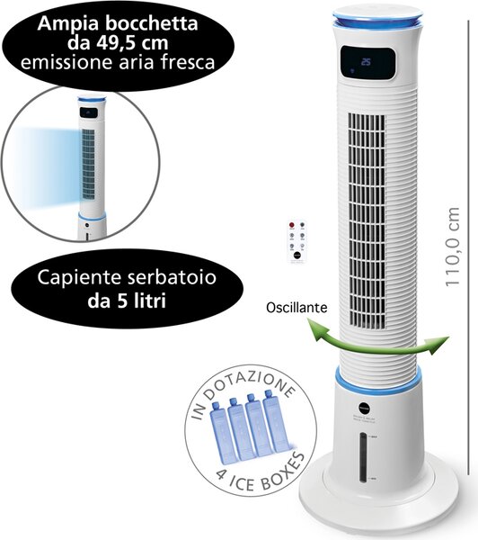 MACOM Ventilatore Raffrescatore d'Aria Evaporativo Oscillante 3 Velocit colore Bianco Breeze Tower Plus - 985