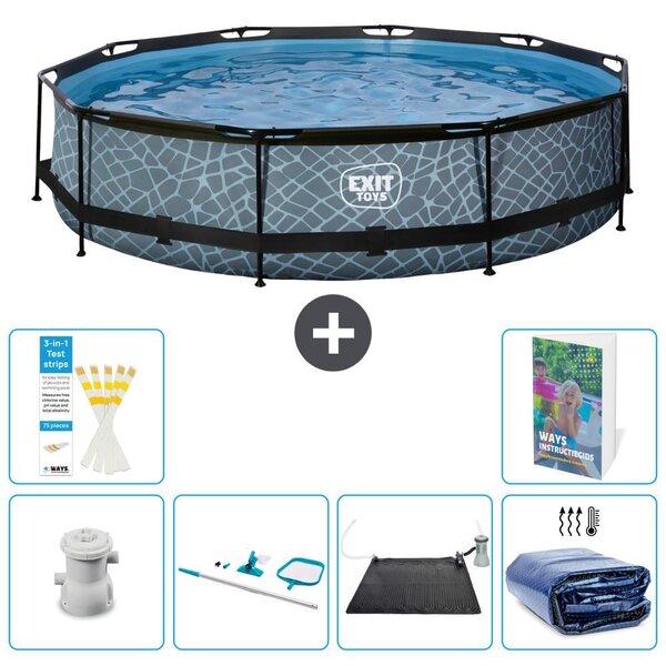 Piscina a sfioro "Exit Pool Rund" - Design effetto pietra - 360x76 cm - 5 pezzi - Acciaio S235