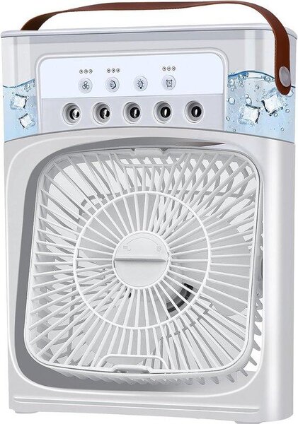 Ventilatore compatto 5-in-1 con 7 LED, piccolo, portatile, umidificatore con 3 velocità, ventilatore con raffreddamento ad acqua, ideale per la cucina o l'ufficio