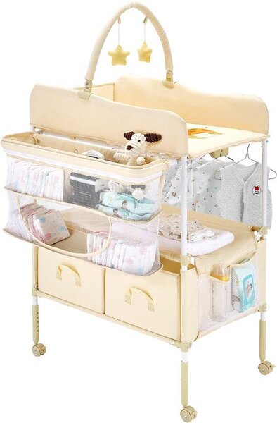 Comodino pieghevole con 2 scomparti in tessuto, asta appendiabiti, struttura regolabile in altezza, ruote con freno e 2 stelle, colore beige