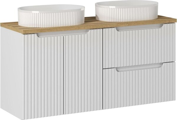 Mobile Bagno Doppio Bianco Scanalato 120 Cm Con Piano In Rovere E 2 Lavabi