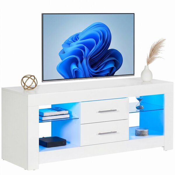 HOMCOM Mobile Porta TV fino a 55" con Luci LED, 2 Mensole in Vetro Regolabili, 2 Cassetti, in Legno, 120x40x50cm, Bianco | Aosom