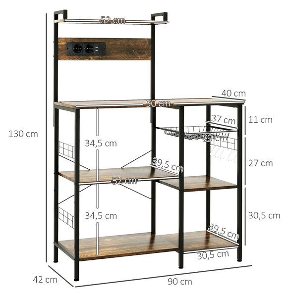 HOMCOM Scaffale Cucina Multipresa per Microonde con Ripiani e Cestino a Rete, 90x42x130cm, Marrone