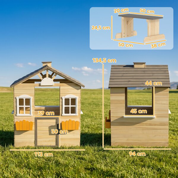 Outsunny Casetta Bimbi 3-7 Anni a 2 Finestre con Portavasi e Panchina, in Legno di Abete e PP, 113Lx94x134.5 cm|Aosom