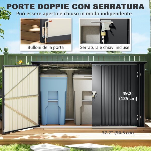 Outsunny Copribidoni in Acciaio per 3 Cassonetti da 240L con 2 Porte e Coperchio, 233x105x118.5/133 cm, Grigio Scuro