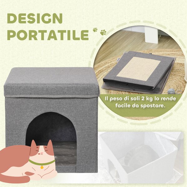 PawHut Casetta per Gatti Pieghevole a Cubo con Cuscino e Tappetino Tiragraffi, 36.5x36.5x36.5 cm, Grigio | Aosom Italy